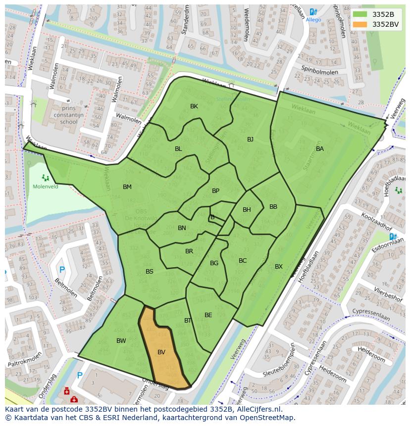 Afbeelding van het postcodegebied 3352 BV op de kaart.