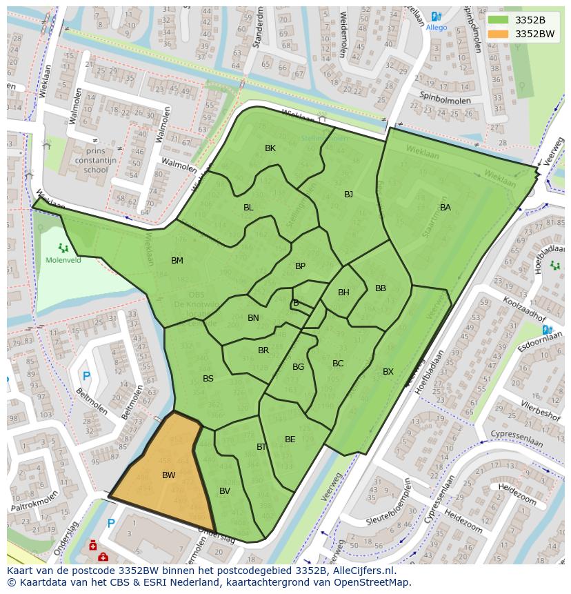 Afbeelding van het postcodegebied 3352 BW op de kaart.