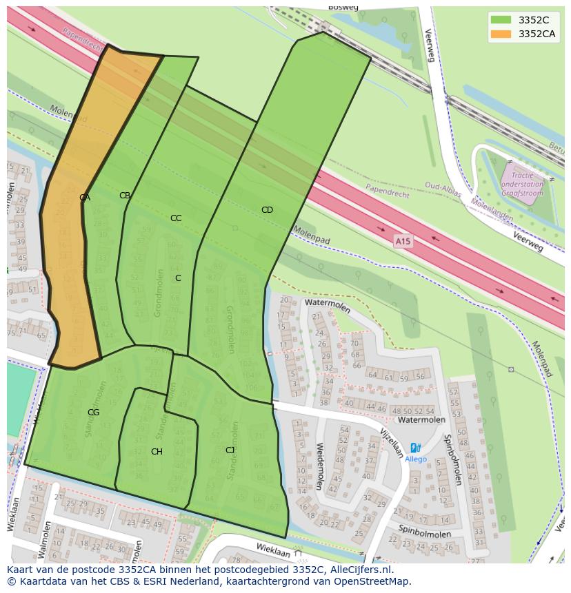 Afbeelding van het postcodegebied 3352 CA op de kaart.