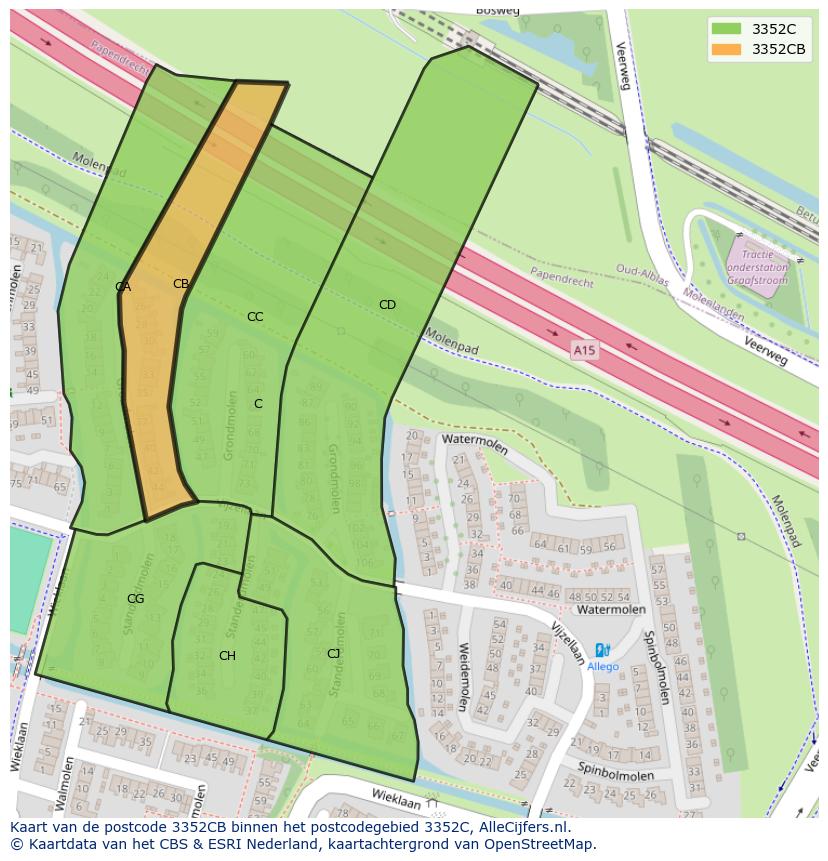 Afbeelding van het postcodegebied 3352 CB op de kaart.