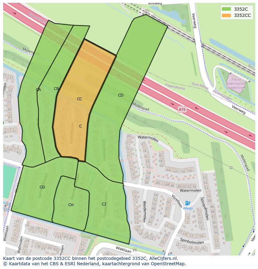 Afbeelding van het postcodegebied 3352 CC op de kaart.
