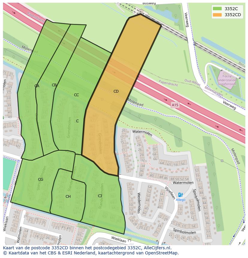 Afbeelding van het postcodegebied 3352 CD op de kaart.