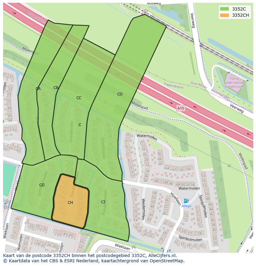 Afbeelding van het postcodegebied 3352 CH op de kaart.