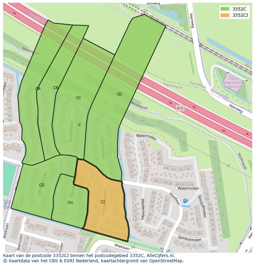 Afbeelding van het postcodegebied 3352 CJ op de kaart.