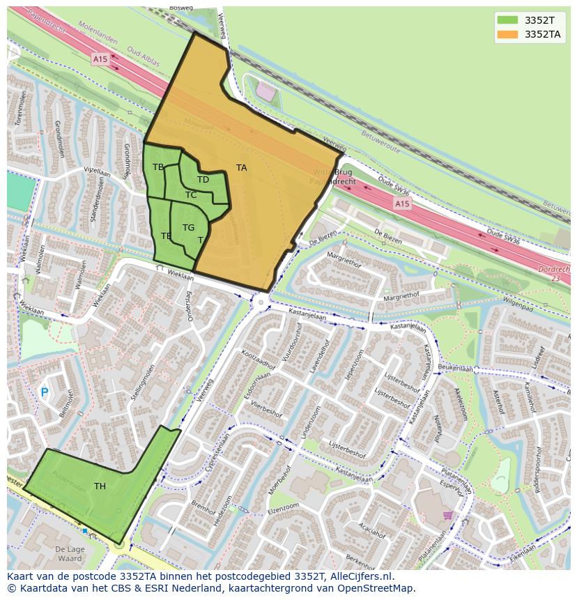 Afbeelding van het postcodegebied 3352 TA op de kaart.