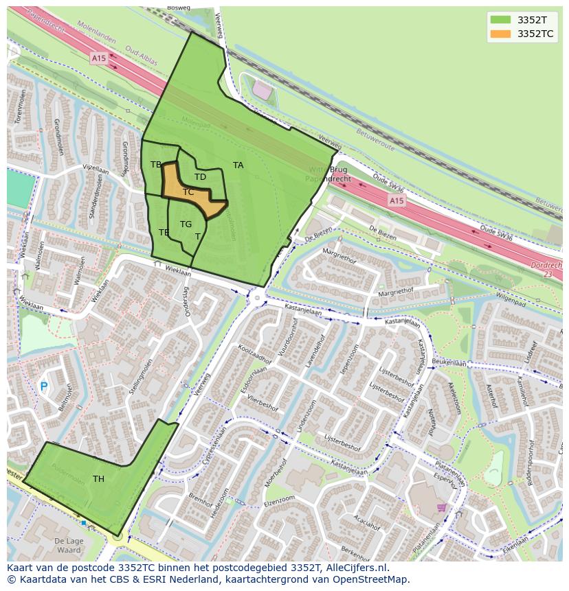 Afbeelding van het postcodegebied 3352 TC op de kaart.