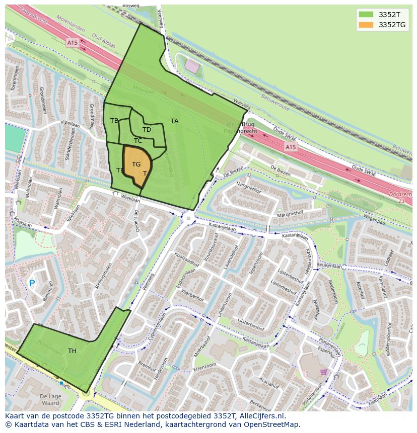 Afbeelding van het postcodegebied 3352 TG op de kaart.