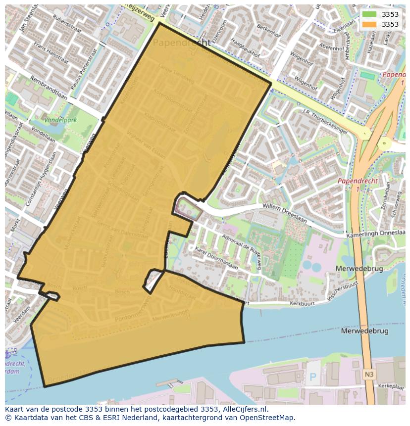 Afbeelding van het postcodegebied 3353 op de kaart.