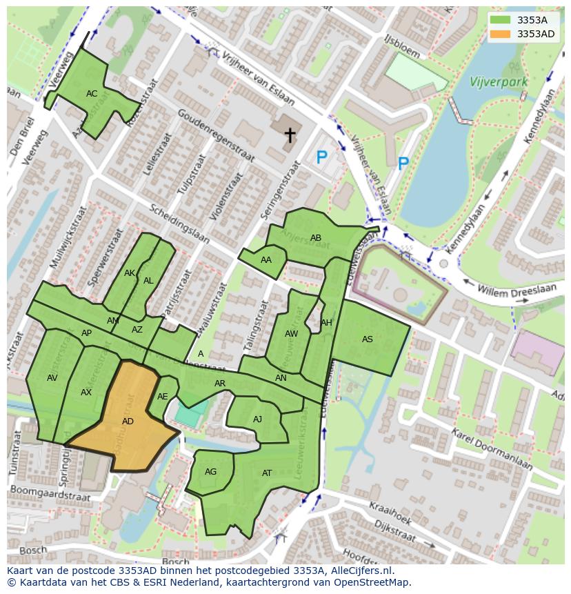 Afbeelding van het postcodegebied 3353 AD op de kaart.