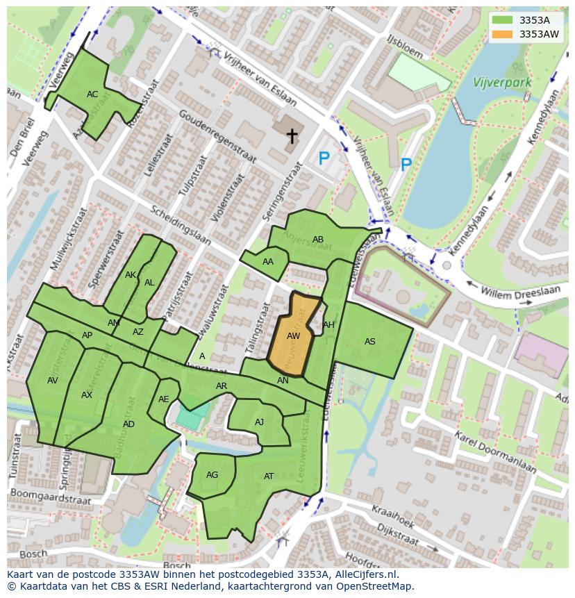 Afbeelding van het postcodegebied 3353 AW op de kaart.