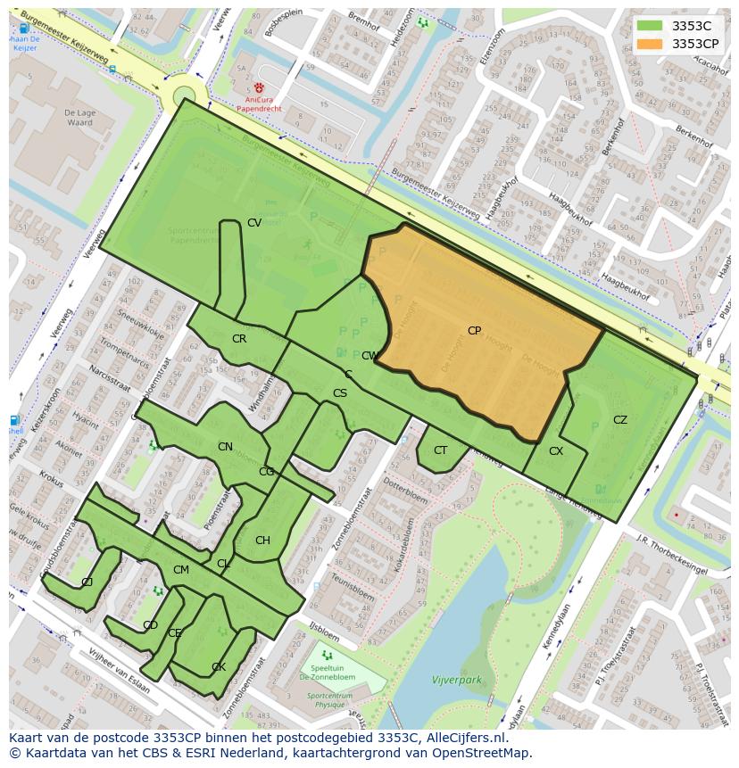 Afbeelding van het postcodegebied 3353 CP op de kaart.
