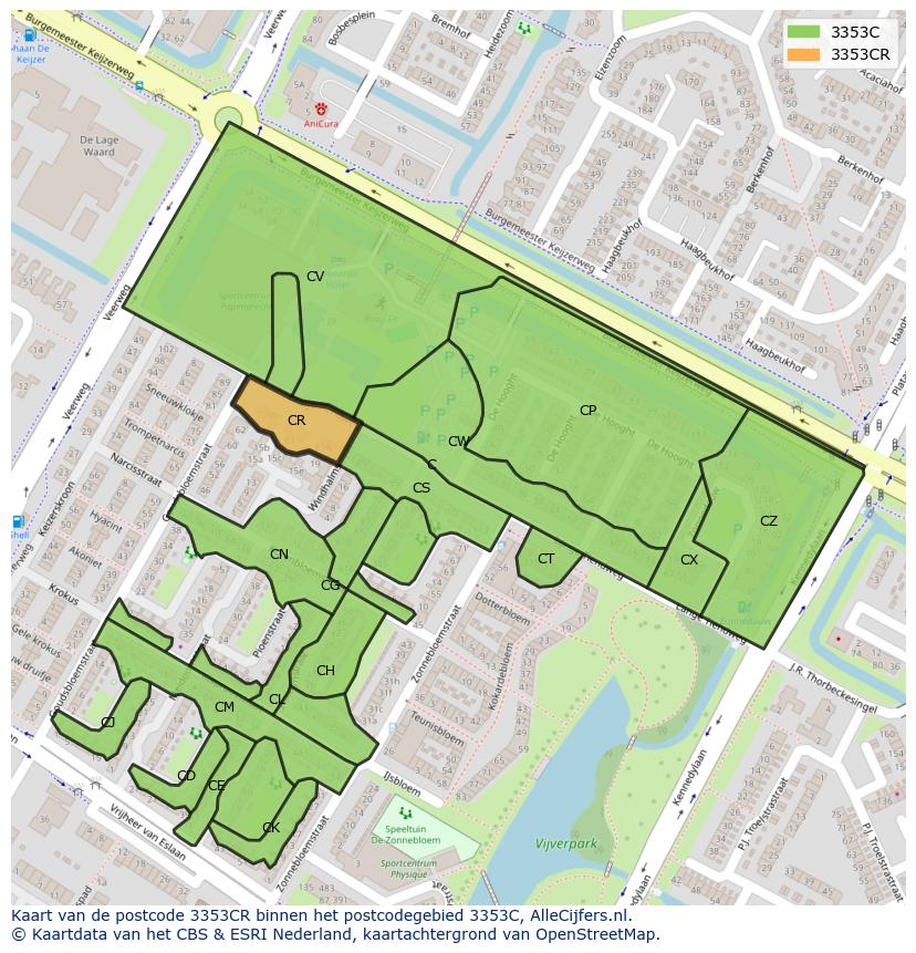 Afbeelding van het postcodegebied 3353 CR op de kaart.