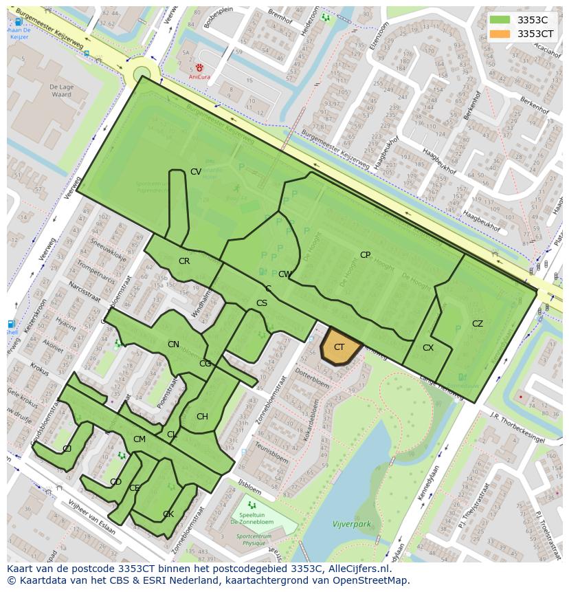 Afbeelding van het postcodegebied 3353 CT op de kaart.