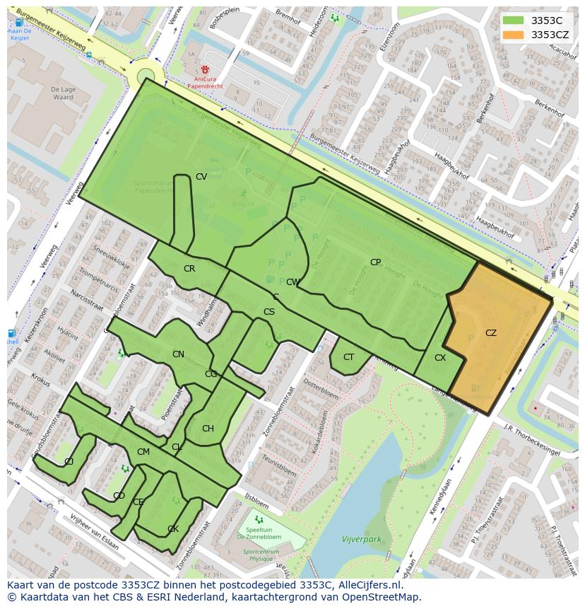 Afbeelding van het postcodegebied 3353 CZ op de kaart.