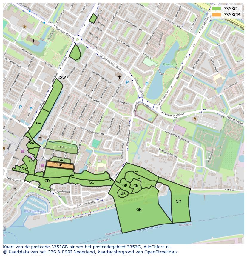 Afbeelding van het postcodegebied 3353 GB op de kaart.