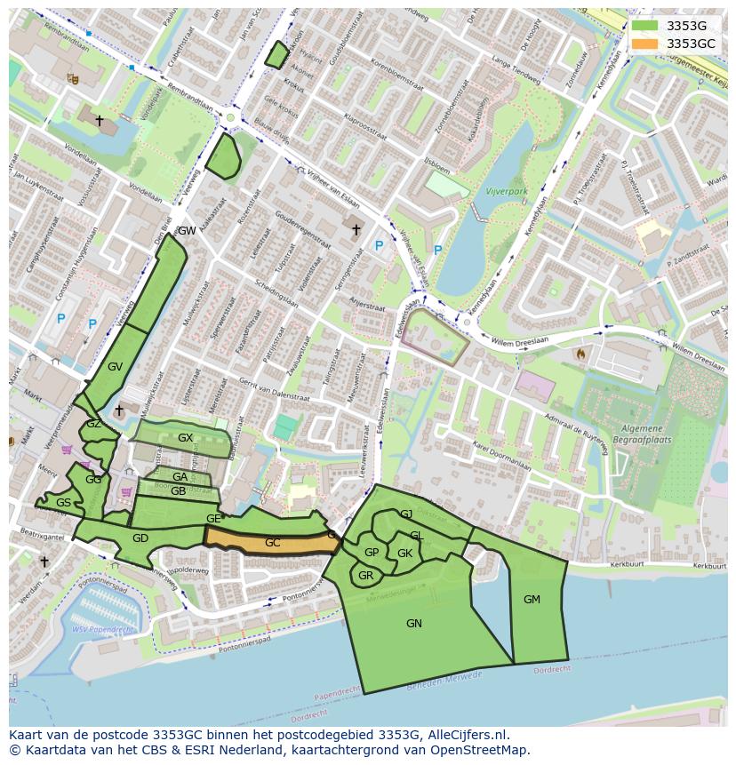 Afbeelding van het postcodegebied 3353 GC op de kaart.