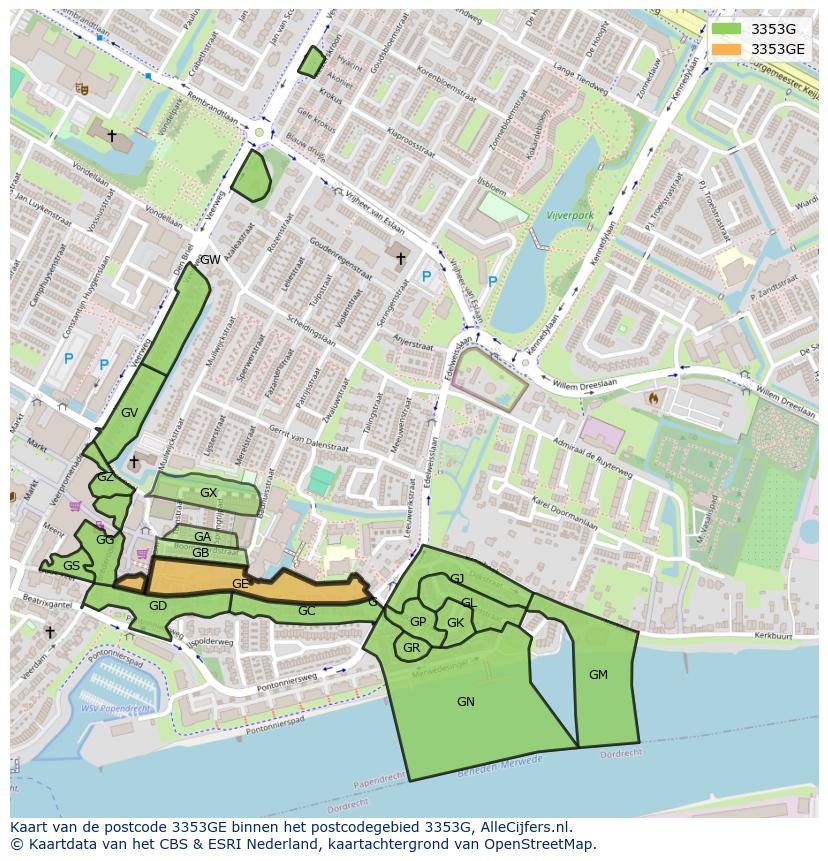 Afbeelding van het postcodegebied 3353 GE op de kaart.