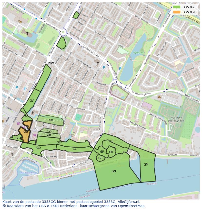 Afbeelding van het postcodegebied 3353 GG op de kaart.