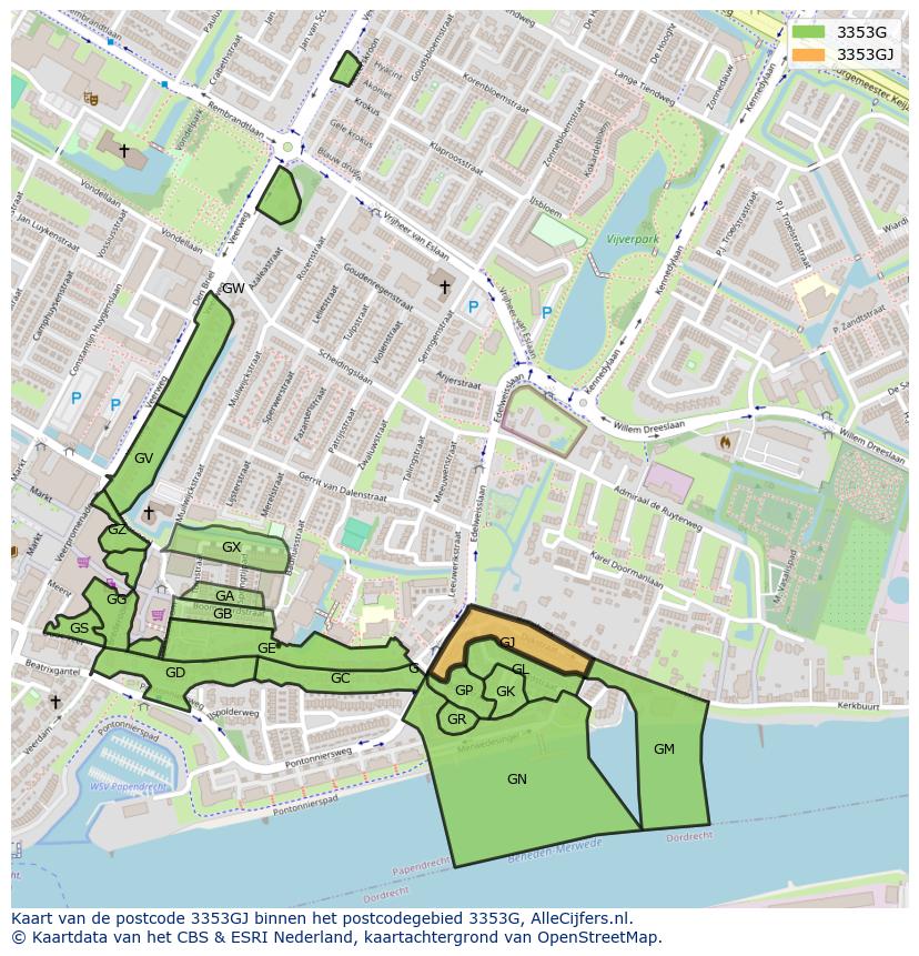Afbeelding van het postcodegebied 3353 GJ op de kaart.