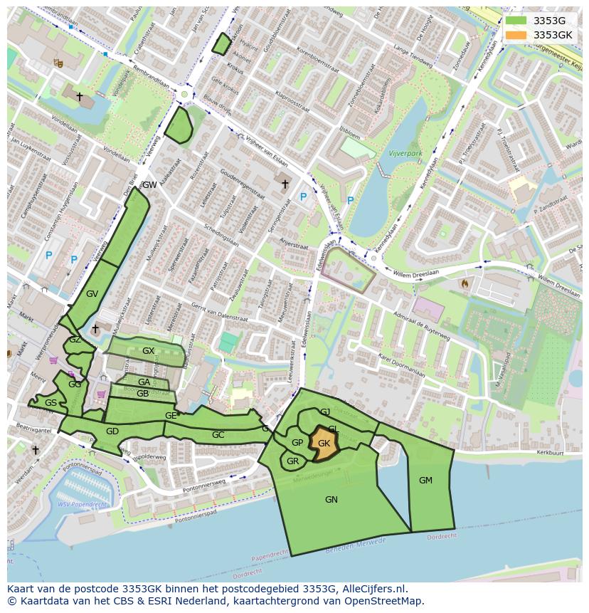 Afbeelding van het postcodegebied 3353 GK op de kaart.