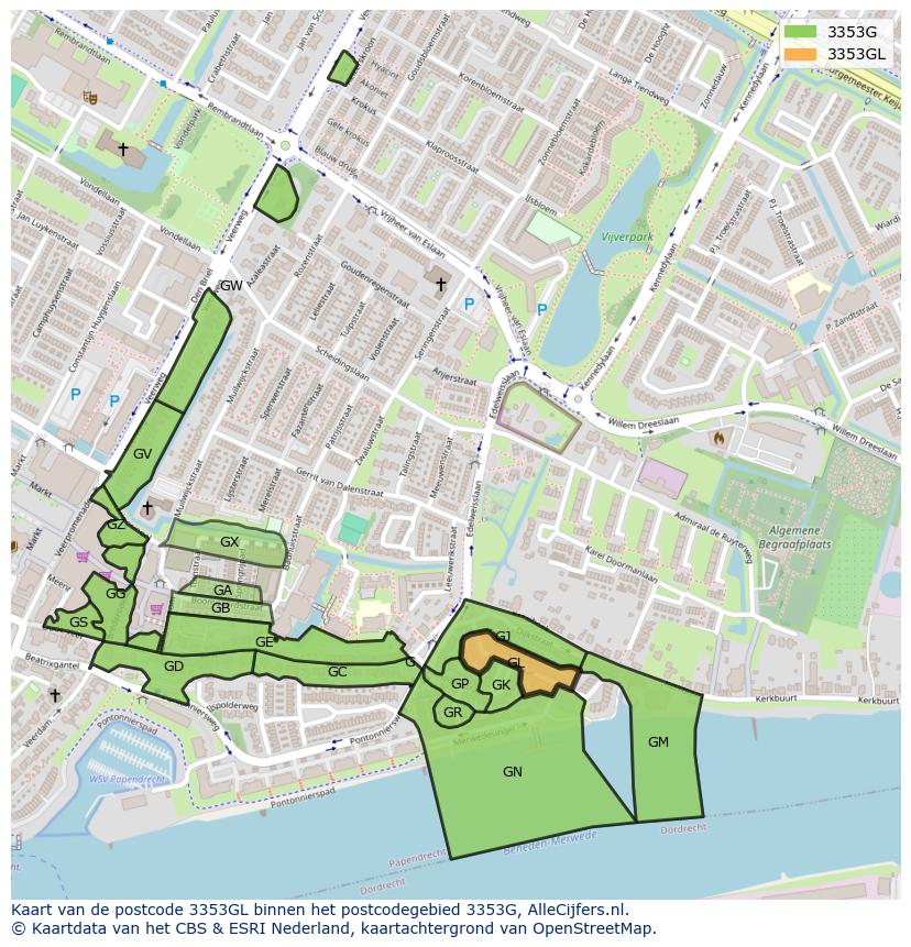 Afbeelding van het postcodegebied 3353 GL op de kaart.