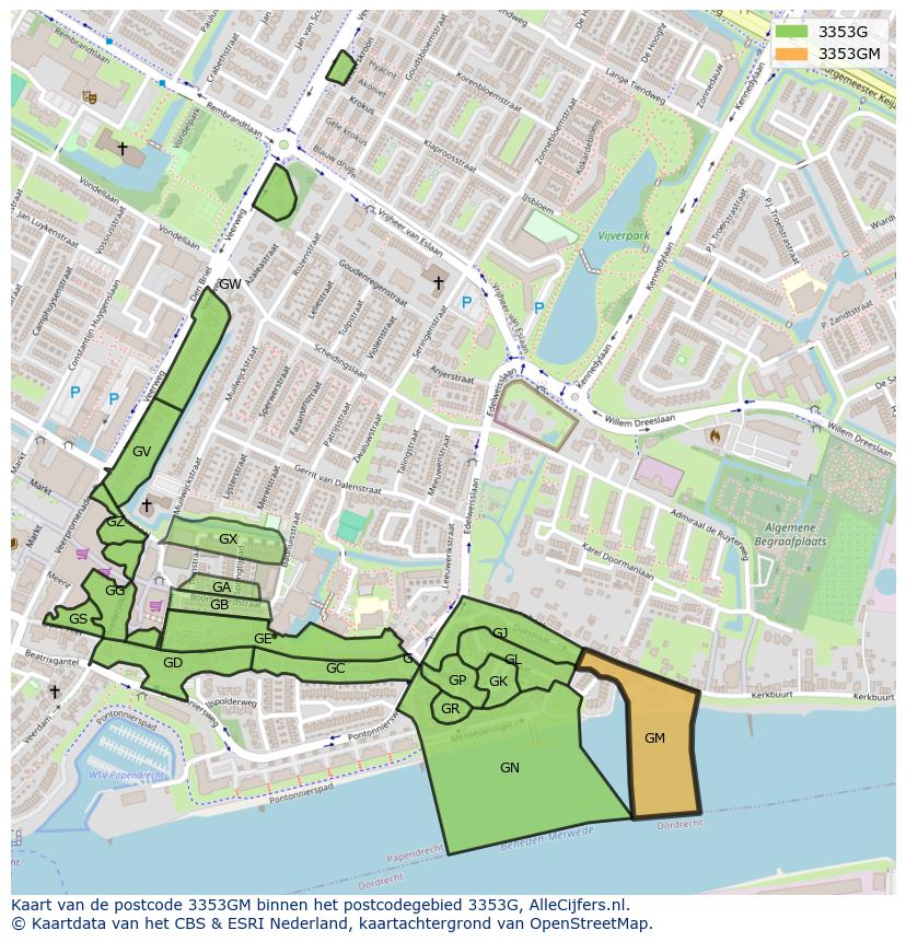 Afbeelding van het postcodegebied 3353 GM op de kaart.