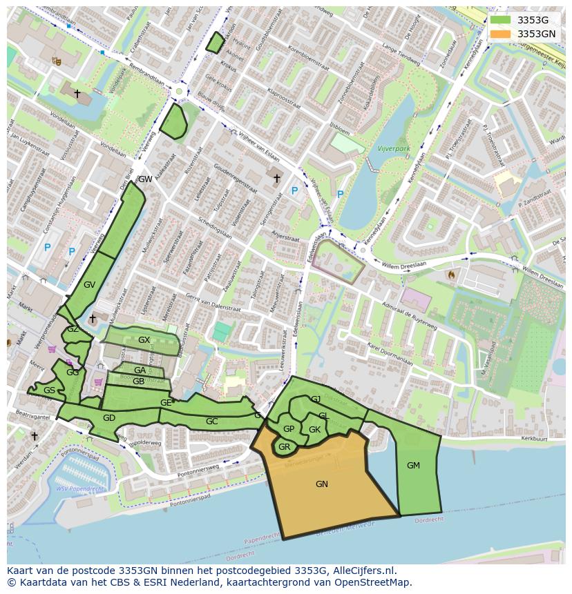 Afbeelding van het postcodegebied 3353 GN op de kaart.