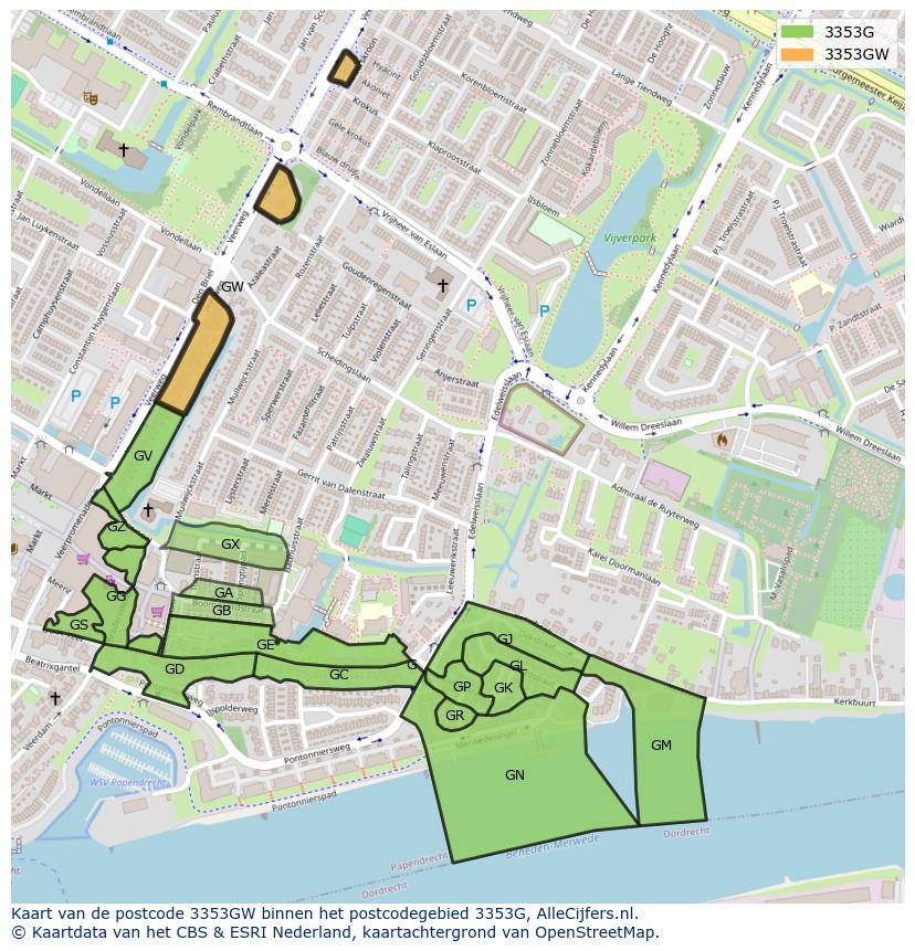 Afbeelding van het postcodegebied 3353 GW op de kaart.