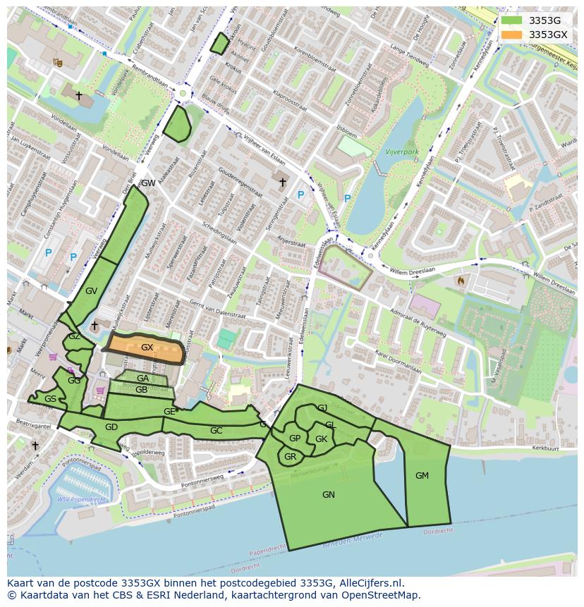 Afbeelding van het postcodegebied 3353 GX op de kaart.