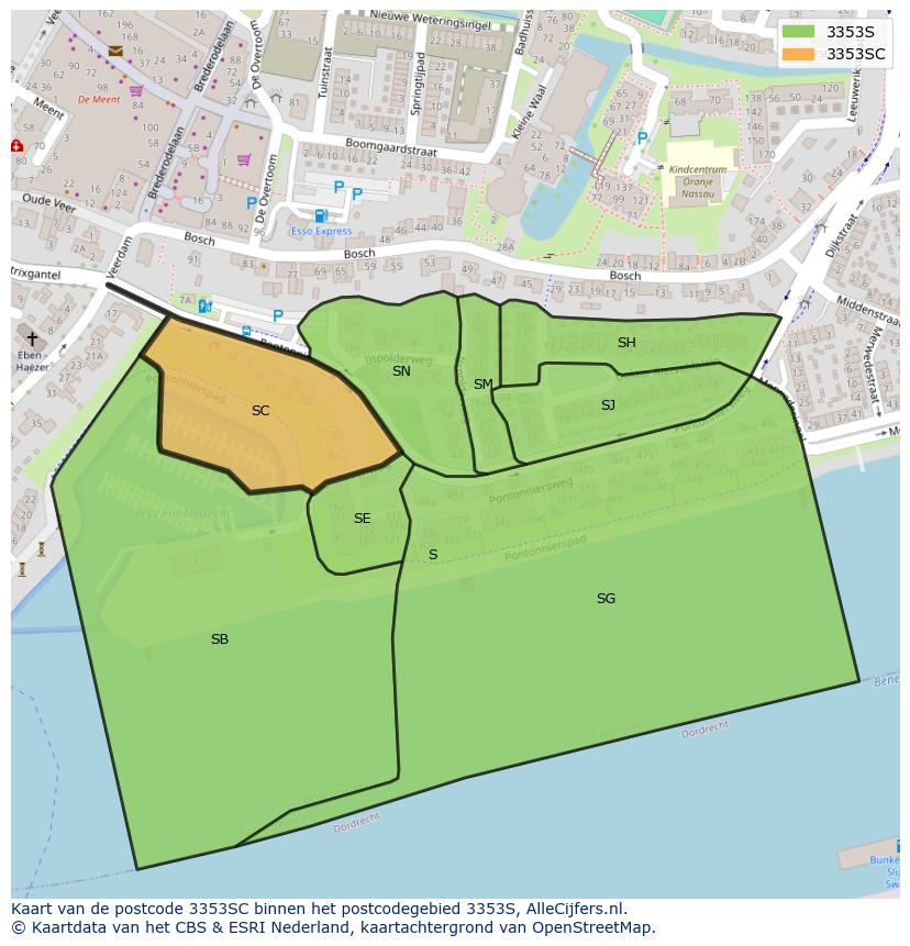 Afbeelding van het postcodegebied 3353 SC op de kaart.