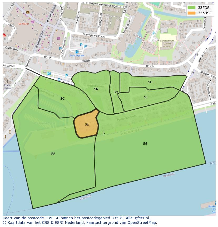 Afbeelding van het postcodegebied 3353 SE op de kaart.