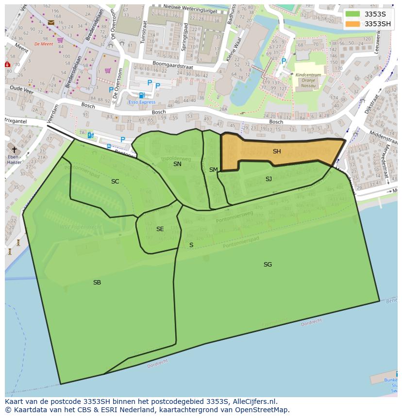 Afbeelding van het postcodegebied 3353 SH op de kaart.