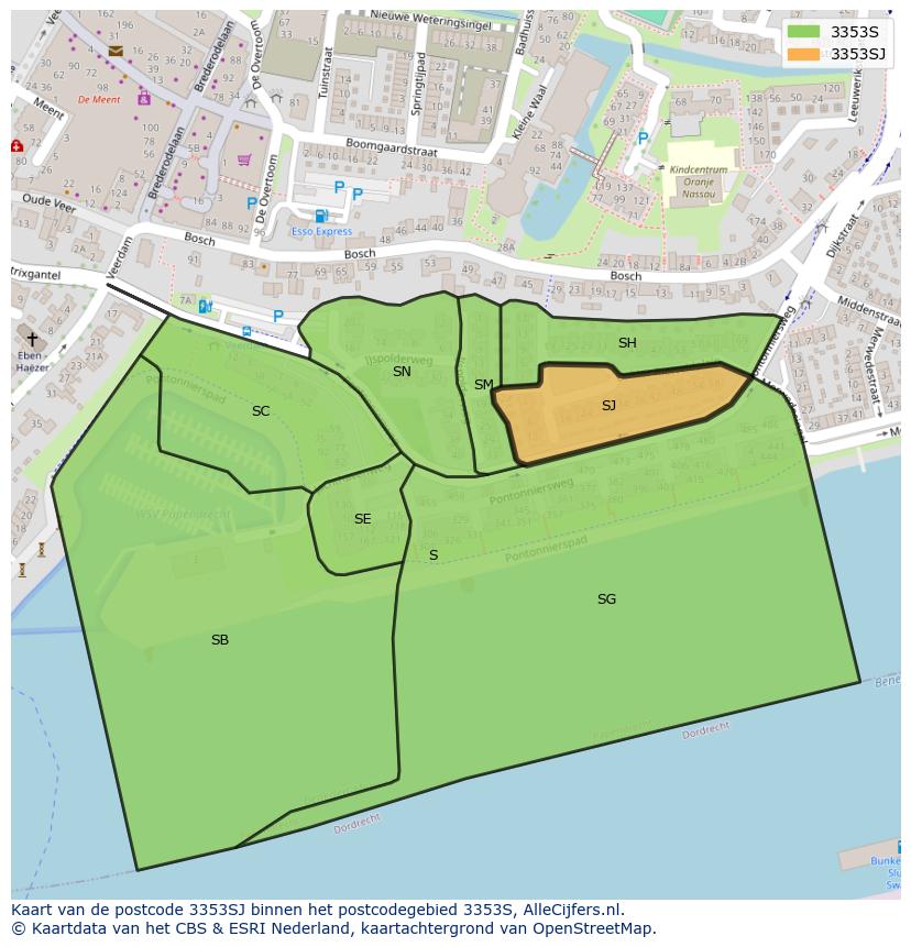 Afbeelding van het postcodegebied 3353 SJ op de kaart.