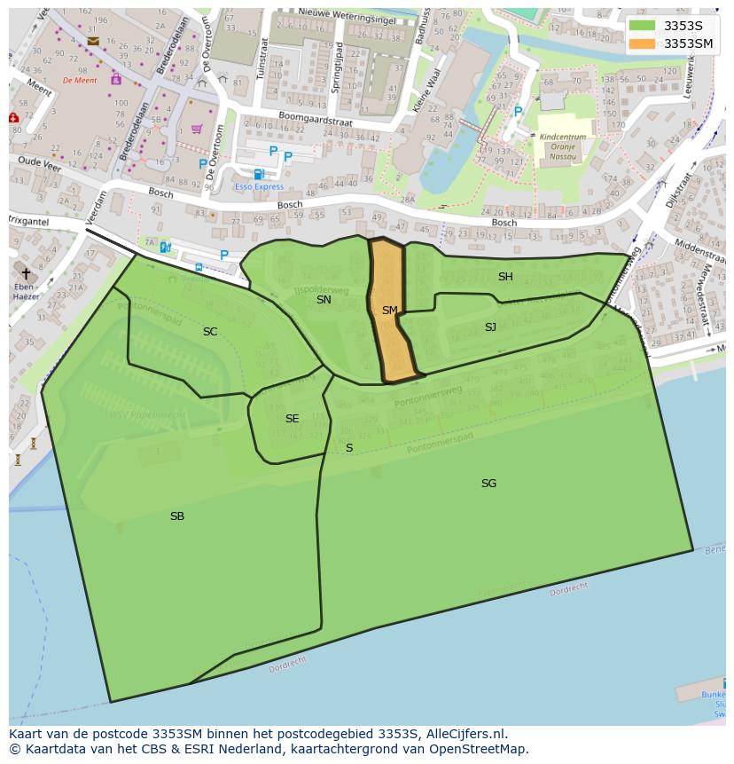 Afbeelding van het postcodegebied 3353 SM op de kaart.