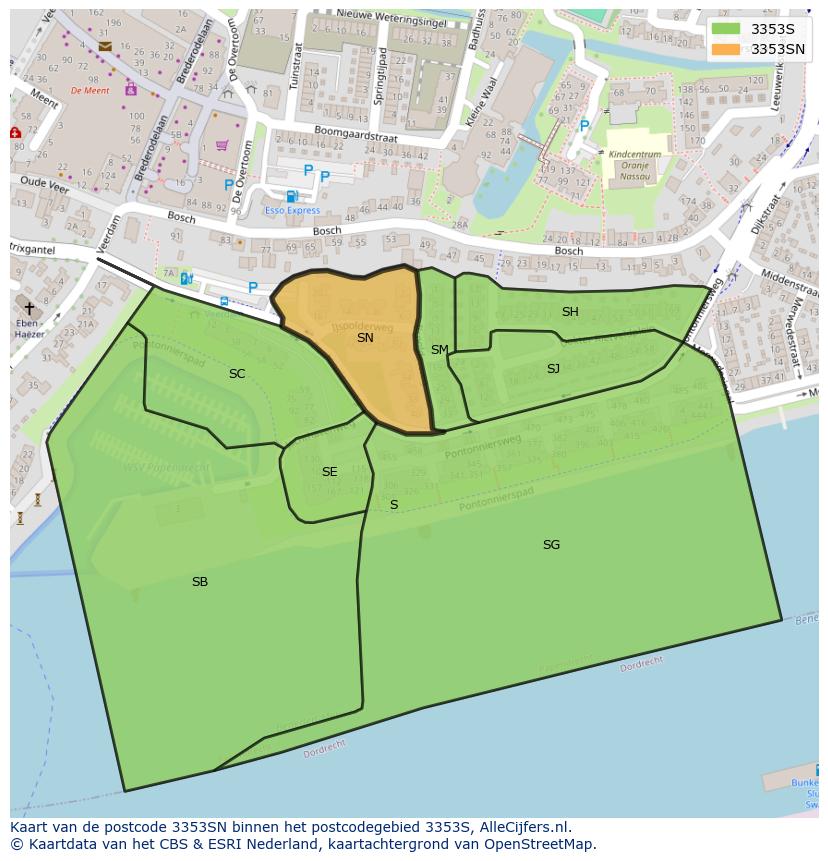 Afbeelding van het postcodegebied 3353 SN op de kaart.