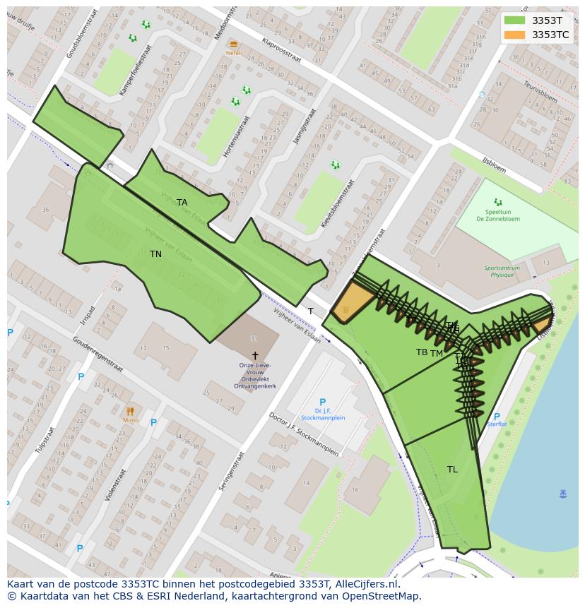 Afbeelding van het postcodegebied 3353 TC op de kaart.