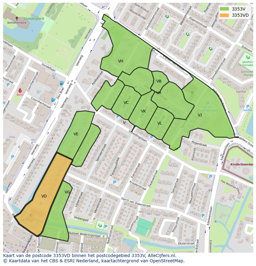 Afbeelding van het postcodegebied 3353 VD op de kaart.