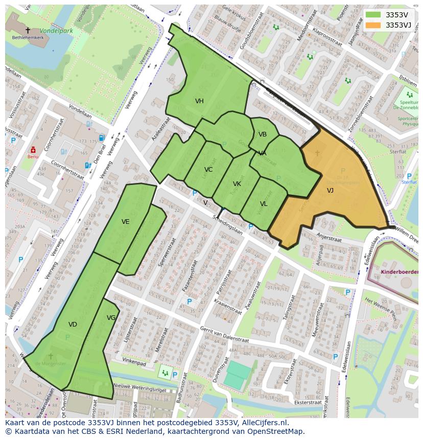 Afbeelding van het postcodegebied 3353 VJ op de kaart.