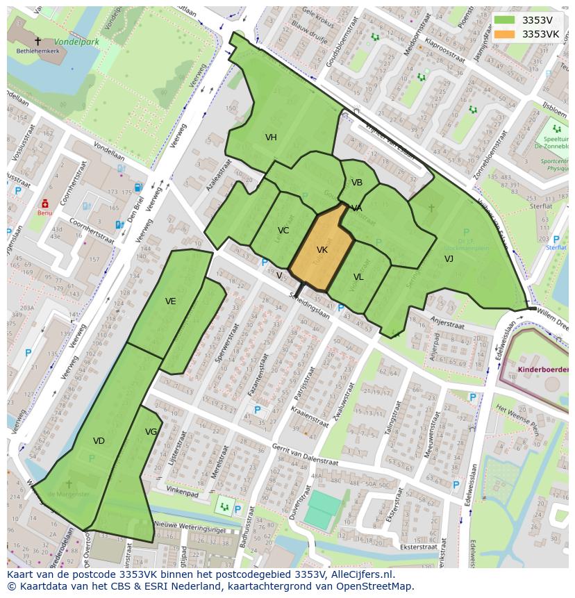 Afbeelding van het postcodegebied 3353 VK op de kaart.