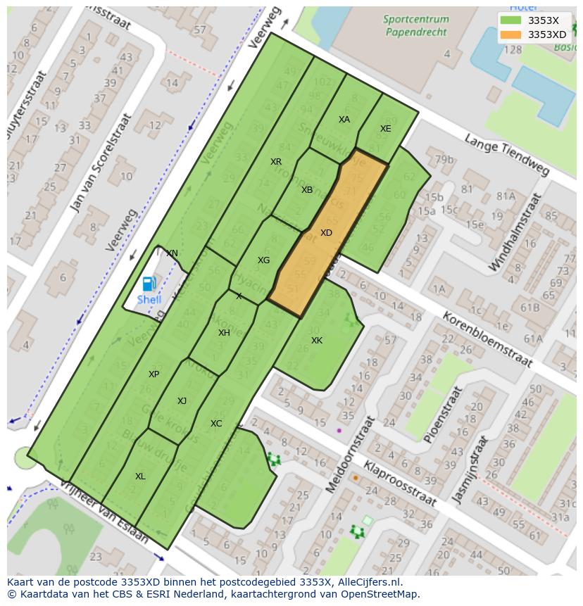 Afbeelding van het postcodegebied 3353 XD op de kaart.