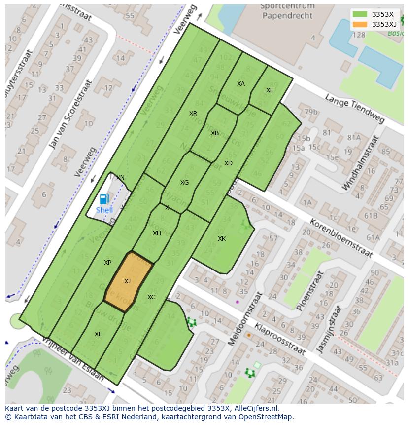 Afbeelding van het postcodegebied 3353 XJ op de kaart.