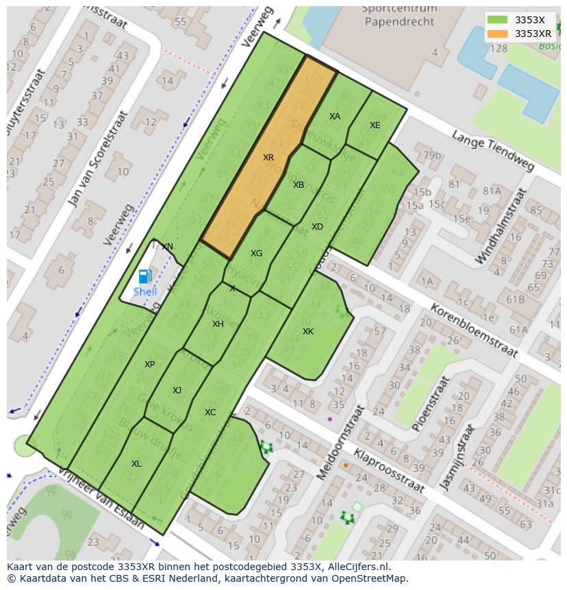 Afbeelding van het postcodegebied 3353 XR op de kaart.
