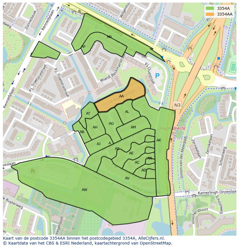 Afbeelding van het postcodegebied 3354 AA op de kaart.