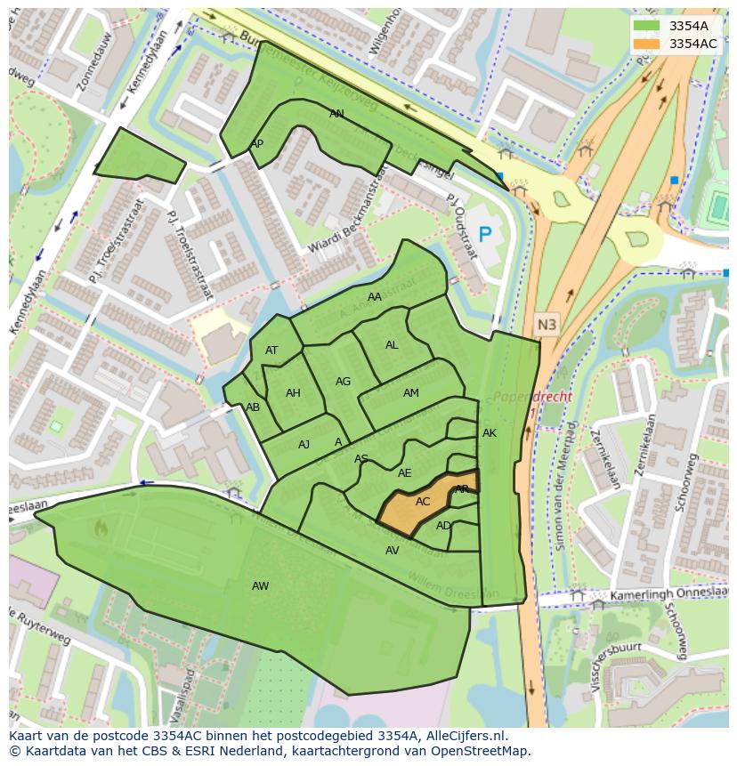 Afbeelding van het postcodegebied 3354 AC op de kaart.