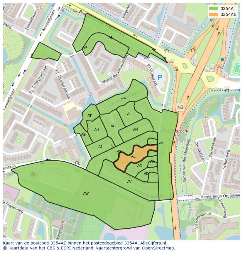Afbeelding van het postcodegebied 3354 AE op de kaart.