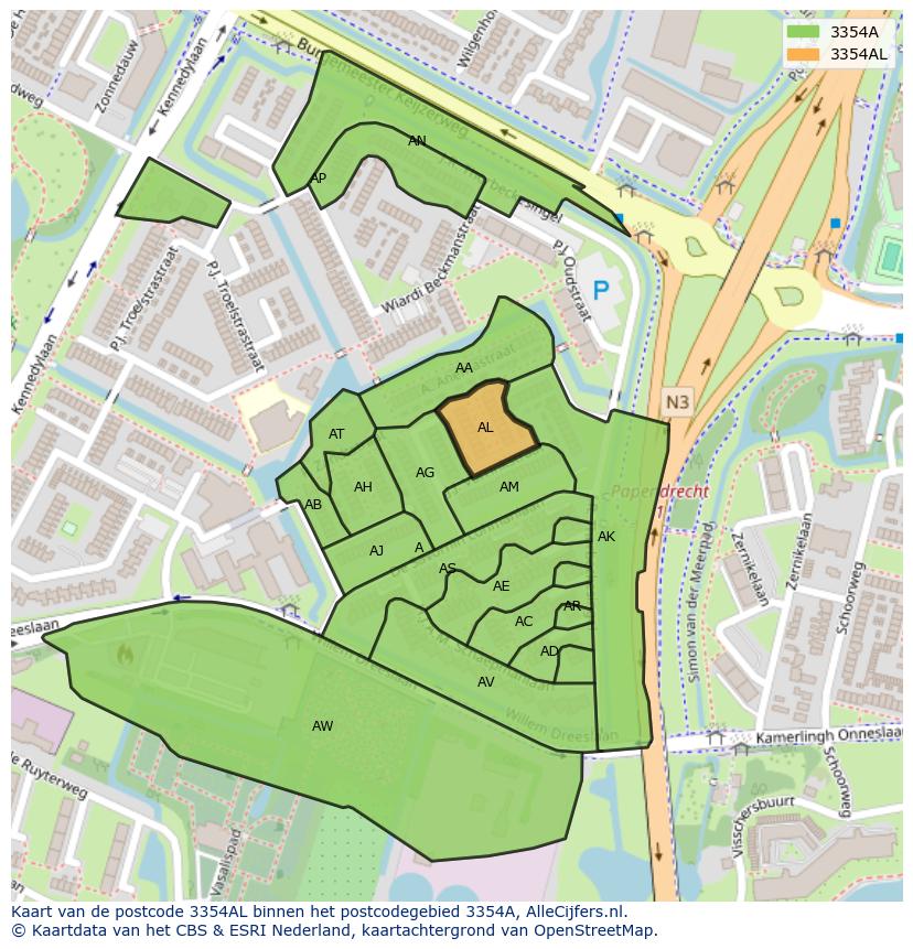 Afbeelding van het postcodegebied 3354 AL op de kaart.