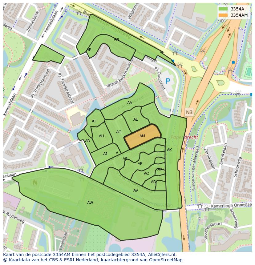 Afbeelding van het postcodegebied 3354 AM op de kaart.
