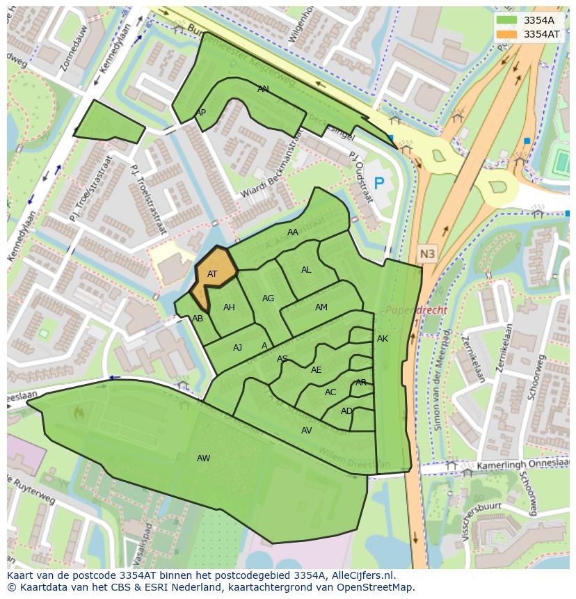 Afbeelding van het postcodegebied 3354 AT op de kaart.
