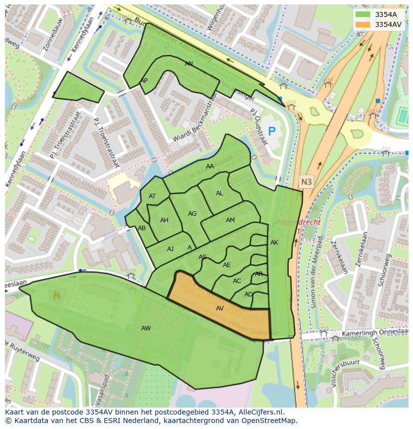 Afbeelding van het postcodegebied 3354 AV op de kaart.
