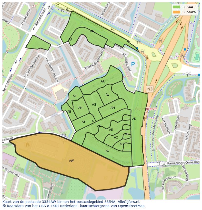 Afbeelding van het postcodegebied 3354 AW op de kaart.